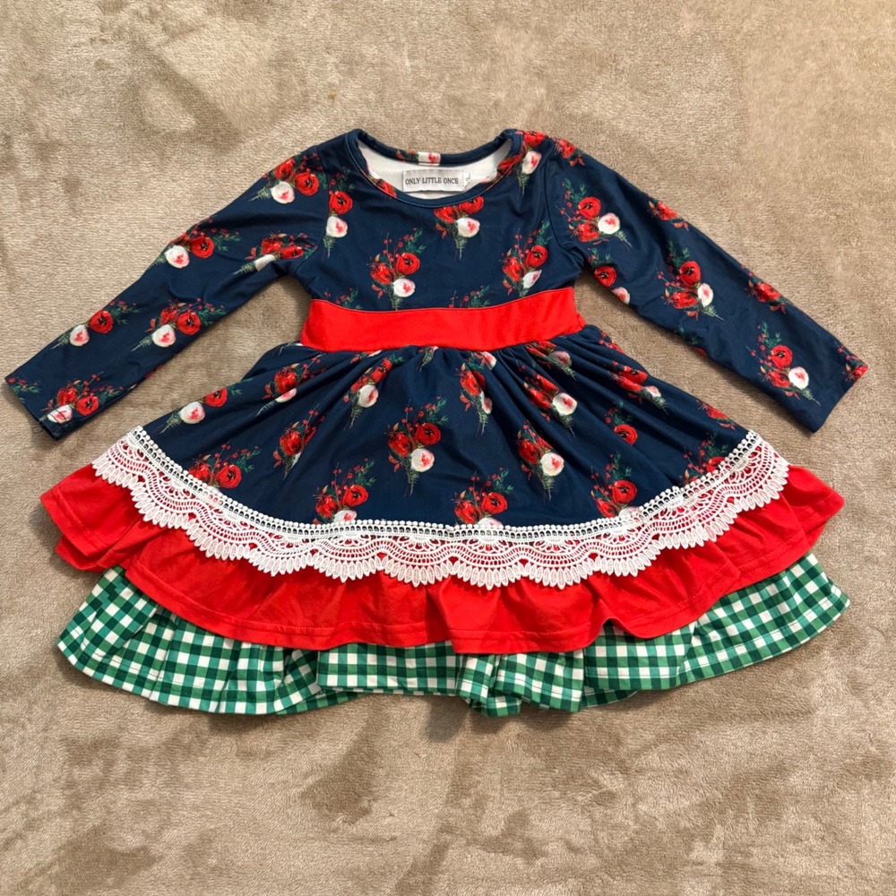 Only Little Once Girls Navy Floral Christmas Dress Gingham Lace Ruffle Size 2